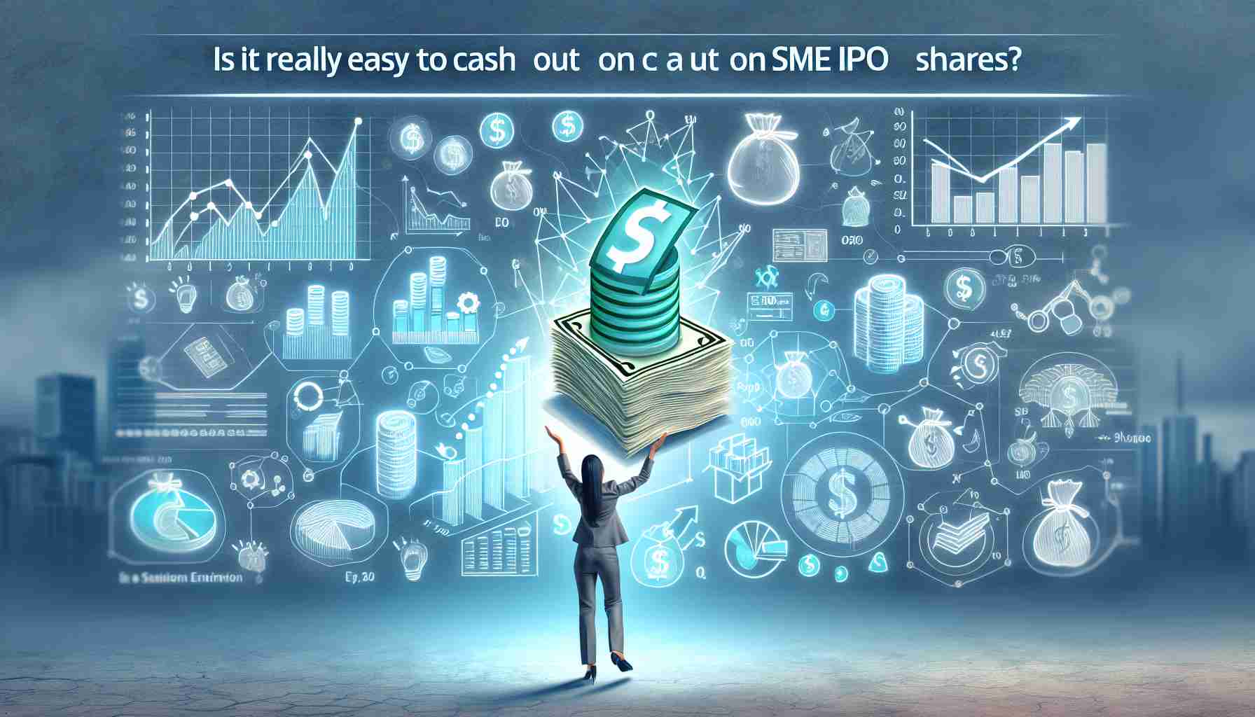 Design a realistic, high-definition image representing the process of cashing out on small and medium enterprise (SME) Initial Public Offerings (IPO) shares. It can include symbols representing growth, investments (such as graphs or charts), or a person happily realizing the earnings from these shares. The question 'Is It Really Easy to Cash Out on SME IPO Shares?' prominently features at the top of the image.