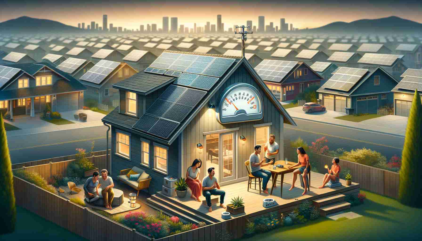 Illustrate a high-definition, photorealistic depiction of an energy revolution captivating homeowners everywhere. Feature a solar power system on the roof of a house, with diverse homeowners around (an Asian woman, a Middle-Eastern man, a Caucasian couple). Exhibit the homeowners' fascination as they watch the energy meter reverse, indicating the production of excess energy. Experiment with instances of visible solar power usage, such as solar-powered outdoor lights illuminating the yard. Include a cityscape in the background, scoring houses with similar solar roofs, symbolising a widespread adoption of this sustainable energy movement.