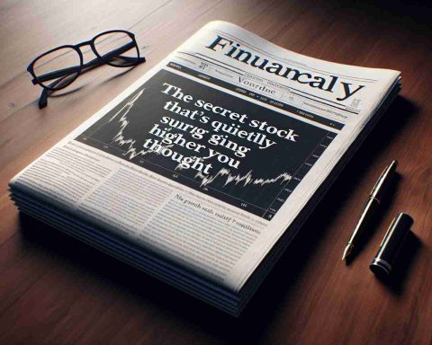 Render a crisp, high-definition realistic depiction of a financial newspaper lying on a table with a dramatic headline that reads, 'The Secret Stock That's Quietly Surging Higher Than You Thought'. Make the newspaper look fresh and untouched with everything written in legible font. Let the table be a hardwood in dark mahogany shade. Include an ink pen and a pair of glasses next to the newspaper to create a scenario of a financially informed scene.