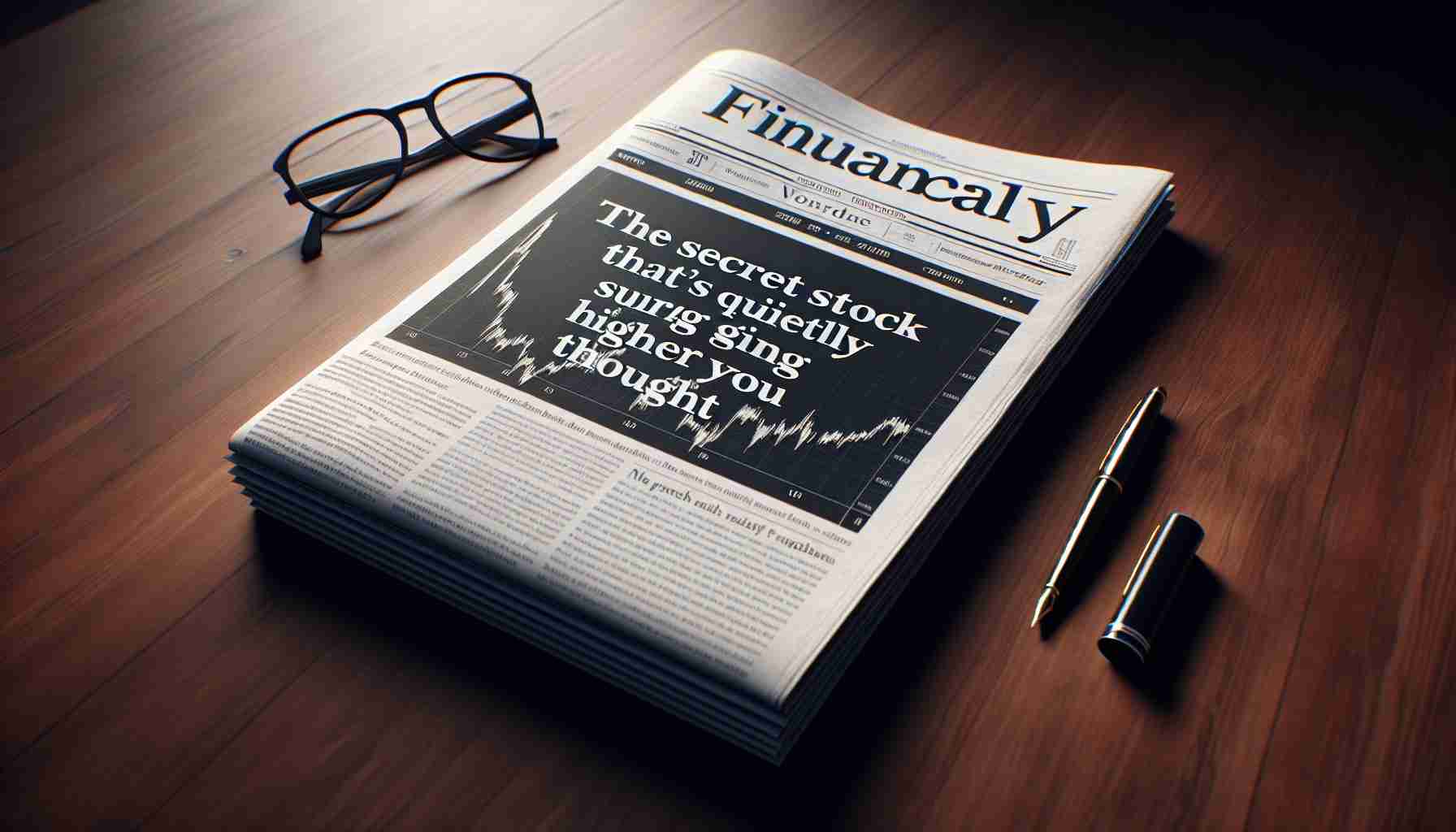 Render a crisp, high-definition realistic depiction of a financial newspaper lying on a table with a dramatic headline that reads, 'The Secret Stock That's Quietly Surging Higher Than You Thought'. Make the newspaper look fresh and untouched with everything written in legible font. Let the table be a hardwood in dark mahogany shade. Include an ink pen and a pair of glasses next to the newspaper to create a scenario of a financially informed scene.