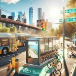 A high-definition, realistic picture capturing an exploration of sustainable transportation options in Eastern Queens. The setting displays a variety of public transportation methods, like energy-efficient buses, bike-sharing stations, and pedestrian-friendly sidewalks. Visual indicators of clean energy, like solar panels on bus stops or charging stations for electric cars, are also present. The scene takes place on a vibrant, sunny day, casting a warm light on the various transportation systems, signifying the optimistic undertaking of attaining sustainability in urban travel.