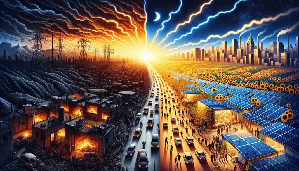 An intricate and detailed representation of the energy crisis prevalent in Iran. The image should be divided into stark contrasts of dark and light. On one side, illustrate the difficulty and stress caused by the energy crisis: power outages, long queues at the gas station, and homes lit by candlelight. On the other side, showcase an optimistic future powered by solar energy. Picture vast, sun-drenched solar fields, a home powered by solar panels, and a bustling city lit up by clean, renewable energy. The two halves of the image should be separated by a thin border of sunrise, capturing a transition from night to day. The visual representation evokes the question: 'Are Solar Days Enough to Brighten the Future?'