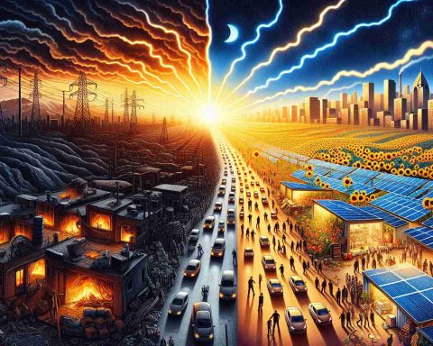 An intricate and detailed representation of the energy crisis prevalent in Iran. The image should be divided into stark contrasts of dark and light. On one side, illustrate the difficulty and stress caused by the energy crisis: power outages, long queues at the gas station, and homes lit by candlelight. On the other side, showcase an optimistic future powered by solar energy. Picture vast, sun-drenched solar fields, a home powered by solar panels, and a bustling city lit up by clean, renewable energy. The two halves of the image should be separated by a thin border of sunrise, capturing a transition from night to day. The visual representation evokes the question: 'Are Solar Days Enough to Brighten the Future?'