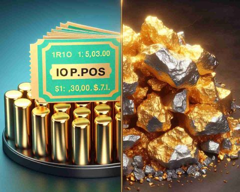 A high-definition image of a concept showcasing the dual nature of Initial Public Offerings (IPOs). On the left side is a shiny golden ticket illustrating the potential riches that IPOs might offer, and on the right side, an image of Fool's Gold (pyrite) representing the misleading and risky aspect of IPOs.