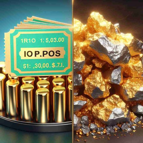 A high-definition image of a concept showcasing the dual nature of Initial Public Offerings (IPOs). On the left side is a shiny golden ticket illustrating the potential riches that IPOs might offer, and on the right side, an image of Fool's Gold (pyrite) representing the misleading and risky aspect of IPOs.