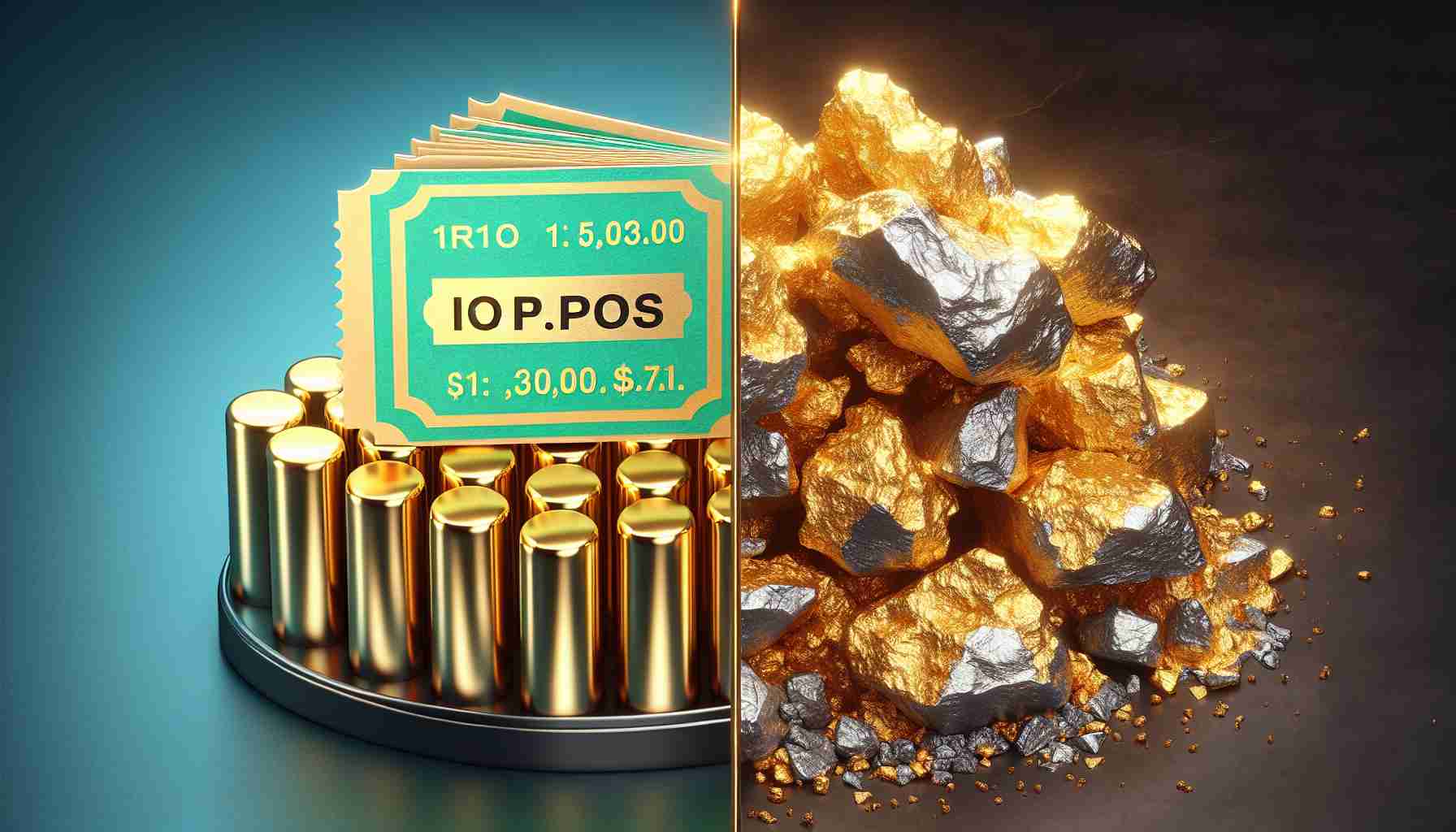 A high-definition image of a concept showcasing the dual nature of Initial Public Offerings (IPOs). On the left side is a shiny golden ticket illustrating the potential riches that IPOs might offer, and on the right side, an image of Fool's Gold (pyrite) representing the misleading and risky aspect of IPOs.