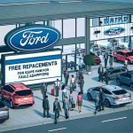 Generate a highly detailed and realistic image of a Ford dealership, showcasing a sign that says 'Free Replacements for Faulty Adapters'. The dealership should be bustling with activity, with cars of various models displayed out front. Customers of diverse descents and genders are checking out the vehicles, while expert staff are seen assisting them. Remember to emphasize the sign offering free adapter replacements, making it clear and legible.