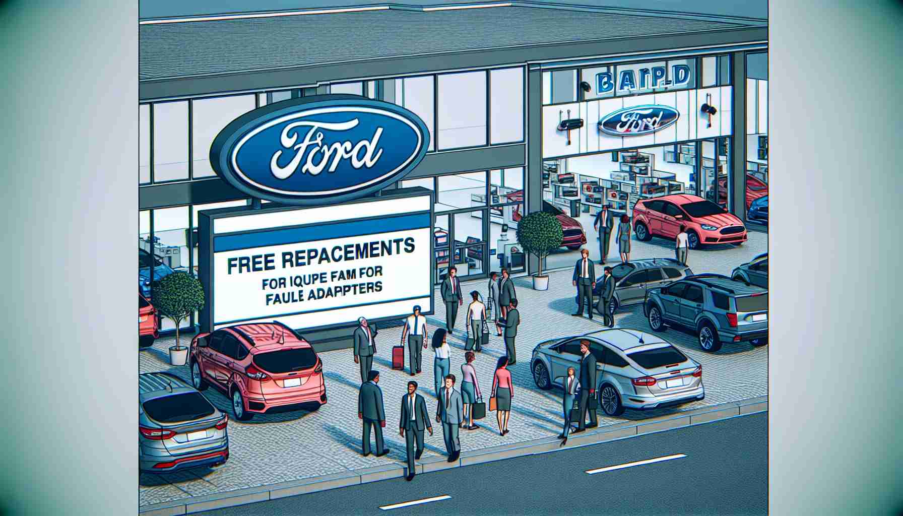 Generate a highly detailed and realistic image of a Ford dealership, showcasing a sign that says 'Free Replacements for Faulty Adapters'. The dealership should be bustling with activity, with cars of various models displayed out front. Customers of diverse descents and genders are checking out the vehicles, while expert staff are seen assisting them. Remember to emphasize the sign offering free adapter replacements, making it clear and legible.