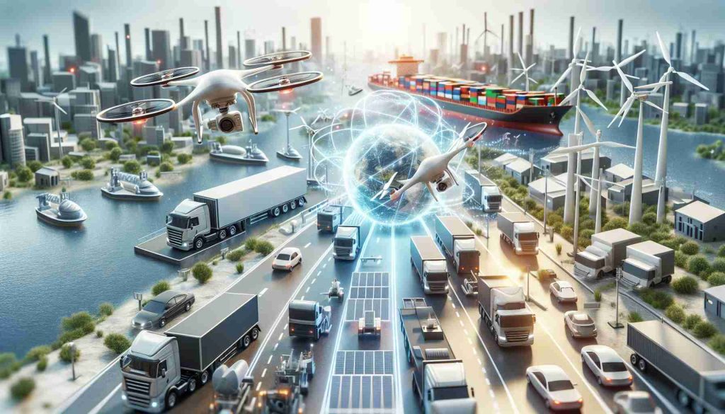 A high-definition, realistic image displaying the concept of revolutionizing logistics through sustainable transportation. The scene includes drones delivering small packages, electric trucks transporting heavy goods, and cargo ships powered by clean energy. The background depicts a bustling city with solar and wind-powered infrastructures, promoting sustainable logistics. The image captures a future of logistics where innovation, sustainability, and environmental responsibility are key themes.