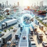 A high-definition, realistic image displaying the concept of revolutionizing logistics through sustainable transportation. The scene includes drones delivering small packages, electric trucks transporting heavy goods, and cargo ships powered by clean energy. The background depicts a bustling city with solar and wind-powered infrastructures, promoting sustainable logistics. The image captures a future of logistics where innovation, sustainability, and environmental responsibility are key themes.