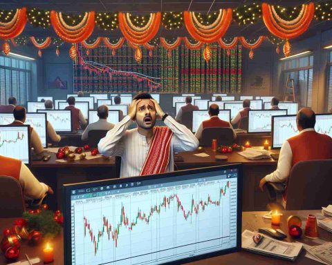 Visualize a realistic, high-definition representation of a scenario depicting the apprehension among stock traders in India during the festive season. The scene could depict traders observing declining stock charts on their monitors, their worried expressions, and the festivity-themed decorations around their trading floor