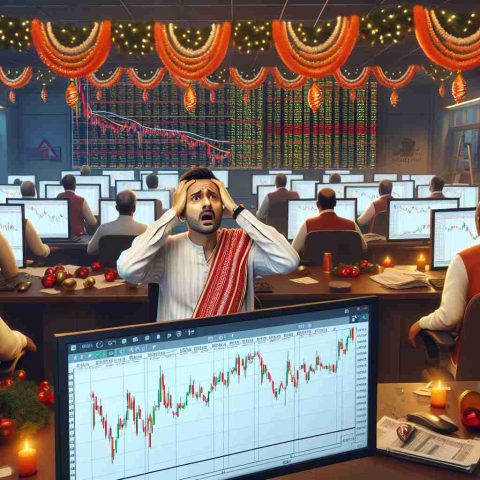 Visualize a realistic, high-definition representation of a scenario depicting the apprehension among stock traders in India during the festive season. The scene could depict traders observing declining stock charts on their monitors, their worried expressions, and the festivity-themed decorations around their trading floor