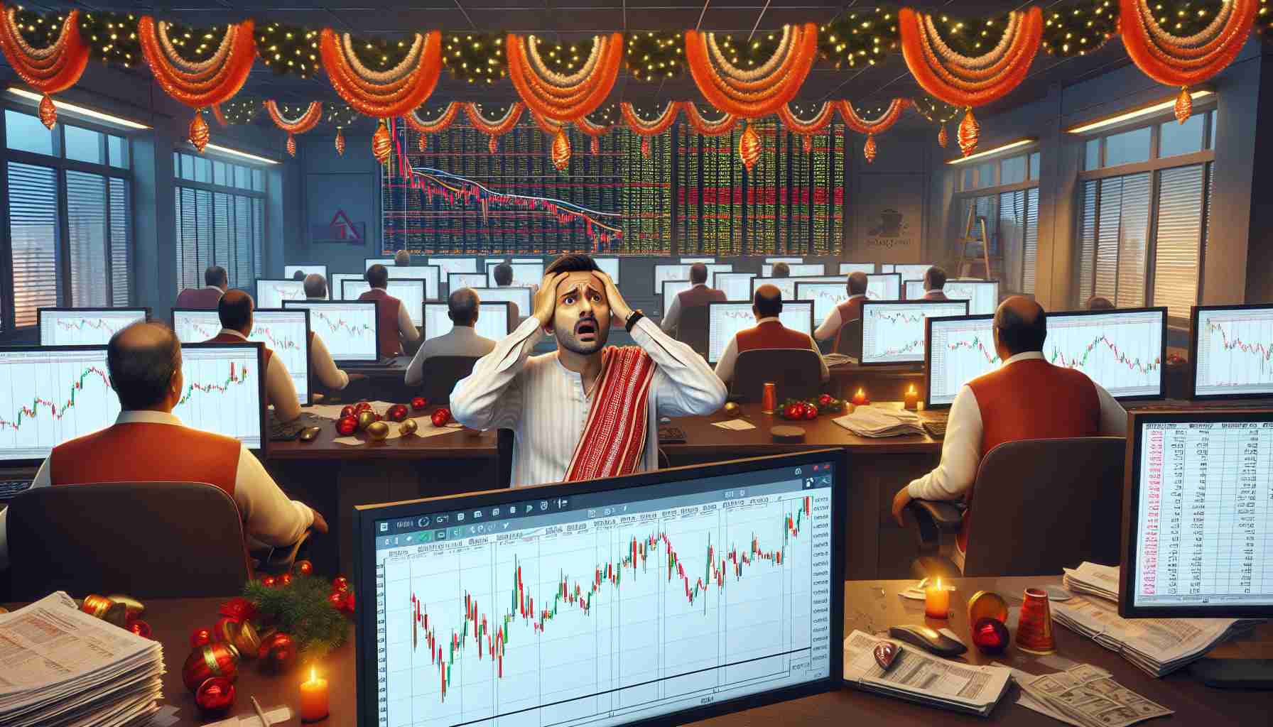 Visualize a realistic, high-definition representation of a scenario depicting the apprehension among stock traders in India during the festive season. The scene could depict traders observing declining stock charts on their monitors, their worried expressions, and the festivity-themed decorations around their trading floor