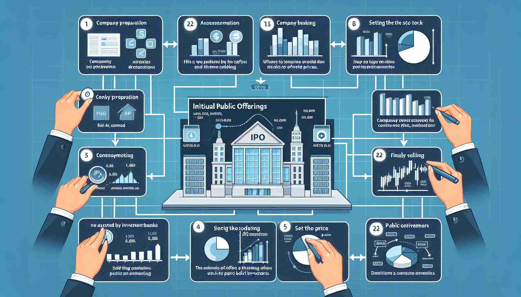 Construct a detailed, high-definition infographic explaining the process of Initial Public Offerings (IPOs). This should include various stages such as company preparation, assessment by investment banks, setting the offer price, and finally the selling of the stock to public investors. The infographic has to be clear, engaging, and should visually illustrate the complex financial process in a simplified and user-friendly manner.