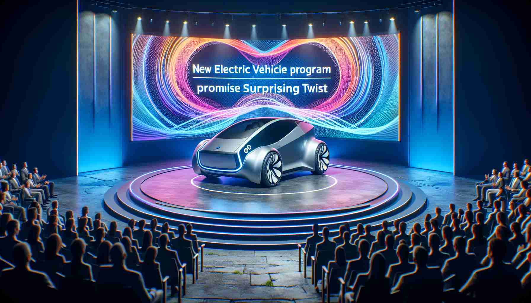 Create a high-definition, realistic image of a newly announced electric vehicle program. The setting should feature a futuristic presentation stage with an innovative automotive design unveiled, boasting unique and unexpected features that set it apart from conventional electric cars. Perhaps it can have a striking and unusual shape, inventive use of renewable materials, or a new kind of high-efficiency engine. Include a large, vibrant banner in the background with the text: 'New Electric Vehicle Program Promises Surprising Twist'. The audience should exhibit surprise and excitement.