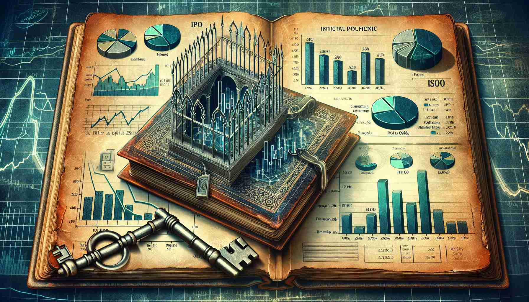 Detailed high-definition image portraying the metaphorical process of understanding Initial Public Offerings (IPO) allotment and its implications for investors. Depict the scene in a form of a vintage key unlocking an ancient book titled 'IPO secrets'. Alongside it, illustrate line graphs, pie-charts and bar charts that symbolize the financial gains, market share and investor's portfolios.