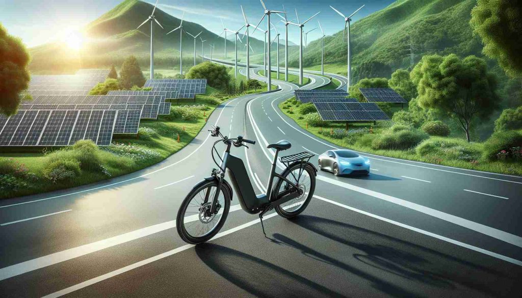 Generate a realistic, high-definition image that encapsulates the new era for sustainable transportation. This era is marked by the rise of electric bicycles. The image should depict an electric bicycle that's sleek and modern, built with cutting-edge technology. The backdrop should symbolise strides towards sustainability, perhaps with solar panels, wind turbines, or lush greenery visible in the surroundings. Roads and infrastructure should be depicted as clean and efficient, with other electric vehicles and pedestrians engaging in eco-friendly practices as well.