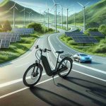 Generate a realistic, high-definition image that encapsulates the new era for sustainable transportation. This era is marked by the rise of electric bicycles. The image should depict an electric bicycle that's sleek and modern, built with cutting-edge technology. The backdrop should symbolise strides towards sustainability, perhaps with solar panels, wind turbines, or lush greenery visible in the surroundings. Roads and infrastructure should be depicted as clean and efficient, with other electric vehicles and pedestrians engaging in eco-friendly practices as well.