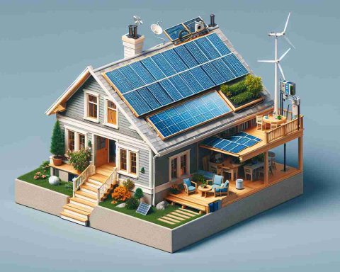 Generate a realistic high-definition image showing a common household scene. The house is transformed into a self-sustaining powerhouse due to a certain simple addition. The addition may include a solar panel array on the roof or a small wind turbine in the backyard, or it may be a conceptual green energy gadget yet to be invented. The image should convey the concept of green energy production within a residential setting.