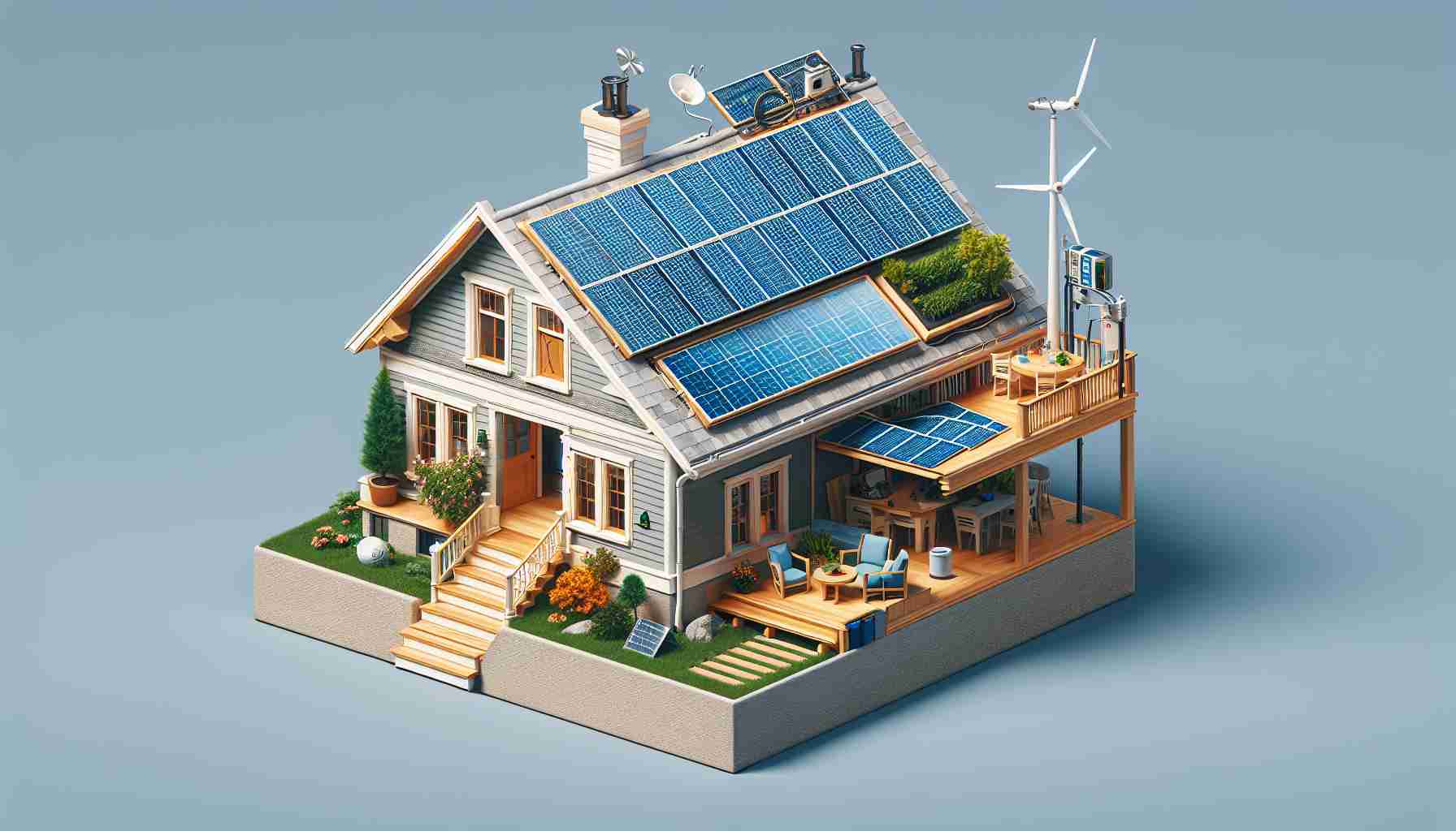 Generate a realistic high-definition image showing a common household scene. The house is transformed into a self-sustaining powerhouse due to a certain simple addition. The addition may include a solar panel array on the roof or a small wind turbine in the backyard, or it may be a conceptual green energy gadget yet to be invented. The image should convey the concept of green energy production within a residential setting.