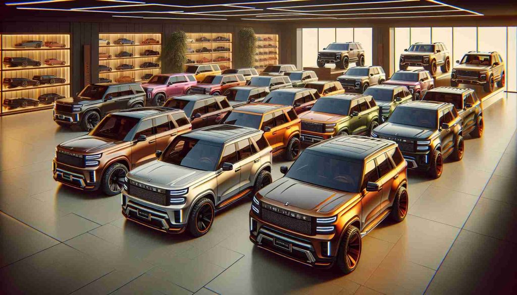 An ultra high-resolution, hyper-realistic image of a range of extravagant Cruiser SUVs. These vehicles are the latest offering from the imaginary brand 'Thrive Motors.' The lineup should be diverse, featuring multiple models in various colors. Each SUV is a harmonious blend of luxury and function, featuring essential characteristics such as robust build, ample cargo space, state-of-the-art driving technology, and lavish interiors. The background should subtly showcase a high-end dealership environment for added authenticity.