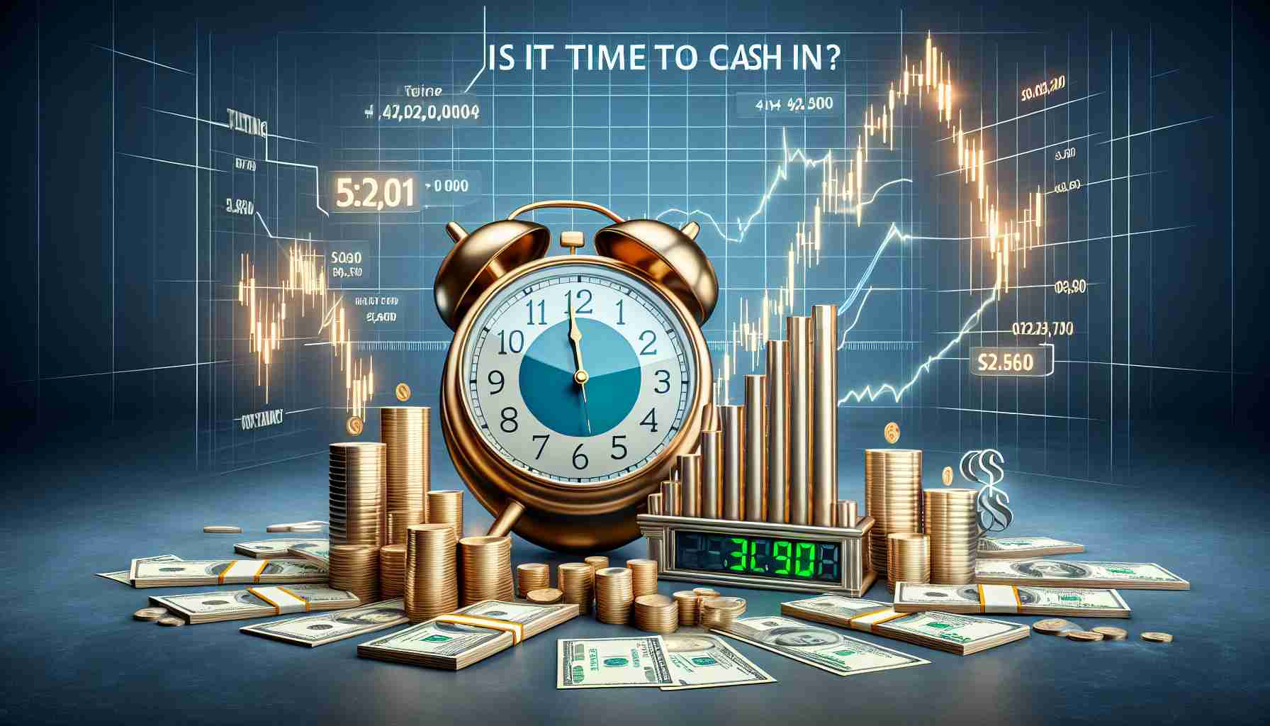 A realistic high-definition image represents the concept of selling IPO shares. It comprises of a clock showing that it's time, a stock market graph exhibiting a positive rise, and stacks of cash. The clock metaphorically suggests the timing for selling shares. The stock market graph signifies the consistent growth, and the cash stands for the gain or return an investor can get after selling. Additionally, include a question text, 'Is it time to cash in?', which altogether analogy to 'Discover When to Sell Your IPO Shares'