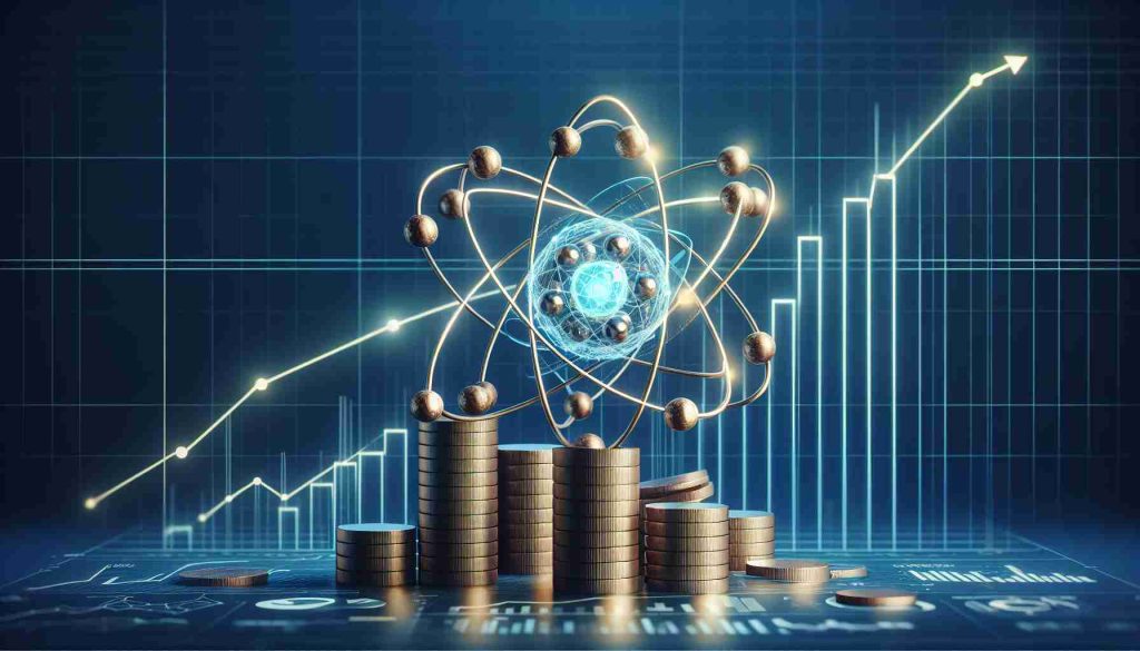 Generate a realistic high-definition representation of an abstract concept: a company making significant strides in atomic advancement. Show a stylized representation of atoms, perhaps a 3D structure of an atomic model. Additionally, depict symbols of financial growth: line graphs showing an upward trend, bar charts, stacks of coins. Let the image connote optimism and innovation.