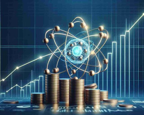 Generate a realistic high-definition representation of an abstract concept: a company making significant strides in atomic advancement. Show a stylized representation of atoms, perhaps a 3D structure of an atomic model. Additionally, depict symbols of financial growth: line graphs showing an upward trend, bar charts, stacks of coins. Let the image connote optimism and innovation.