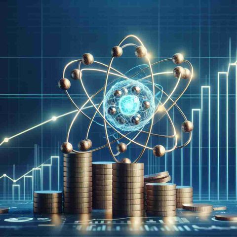 Generate a realistic high-definition representation of an abstract concept: a company making significant strides in atomic advancement. Show a stylized representation of atoms, perhaps a 3D structure of an atomic model. Additionally, depict symbols of financial growth: line graphs showing an upward trend, bar charts, stacks of coins. Let the image connote optimism and innovation.