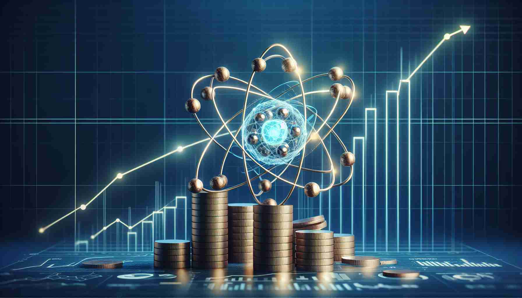 Generate a realistic high-definition representation of an abstract concept: a company making significant strides in atomic advancement. Show a stylized representation of atoms, perhaps a 3D structure of an atomic model. Additionally, depict symbols of financial growth: line graphs showing an upward trend, bar charts, stacks of coins. Let the image connote optimism and innovation.