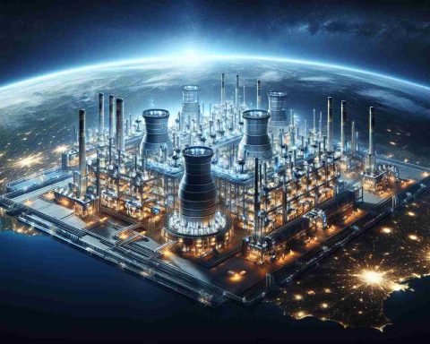 A high-definition, realistic depiction of a massive futuristic energy plant. This industrious scene is set against the backdrop of our planet, Earth, symbolically illustrating the possibly key role of this energy giant in future-proofing our home.