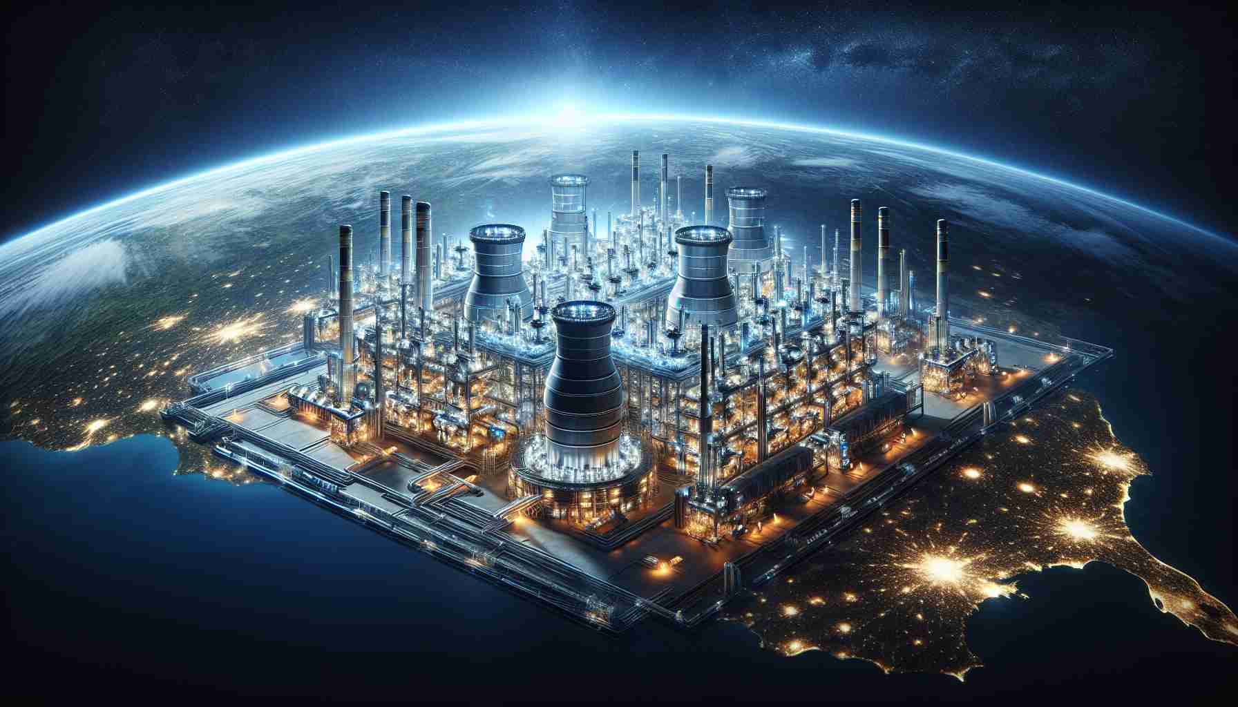 A high-definition, realistic depiction of a massive futuristic energy plant. This industrious scene is set against the backdrop of our planet, Earth, symbolically illustrating the possibly key role of this energy giant in future-proofing our home.