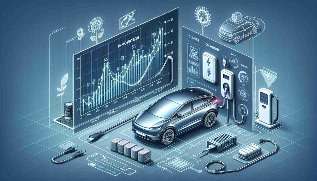 Detailed and high-definition image of a graph or chart illustrating trends and innovations in the field of electric vehicles. The chart should specifically highlight key areas of innovation like advancements in battery technology, charging infrastructure, and design nuances. The market trends should depict the rise in popularity and acceptance of electric vehicles over a timeline. Complement this visual data representation with pertinent symbols or icons such as an electric car, a charging cable or station, and a battery. Ensure a display of realistic elements in a professional style.