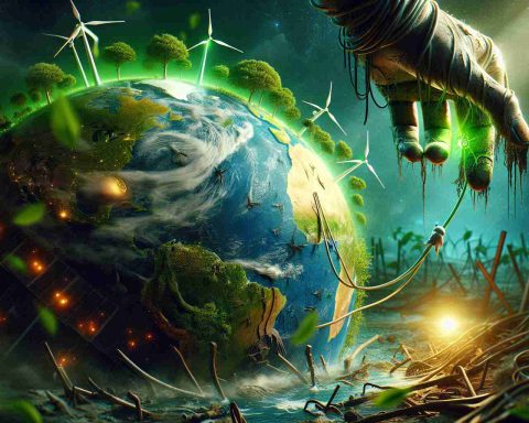 An image highlighting the importance of green energy for our planet. The scene includes a globe in desperate condition, with traces of pollution and signs of environmental damage. In contrast, a lifeline extends from a source of green energy, such as a wind turbine or a solar panel, bringing a sense of hope and repair to the damaged globe. The image conveys a narrative of green energy being a potential savior for our ailing planet. It is depicted in a realistic and high-definition style.