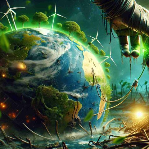 An image highlighting the importance of green energy for our planet. The scene includes a globe in desperate condition, with traces of pollution and signs of environmental damage. In contrast, a lifeline extends from a source of green energy, such as a wind turbine or a solar panel, bringing a sense of hope and repair to the damaged globe. The image conveys a narrative of green energy being a potential savior for our ailing planet. It is depicted in a realistic and high-definition style.