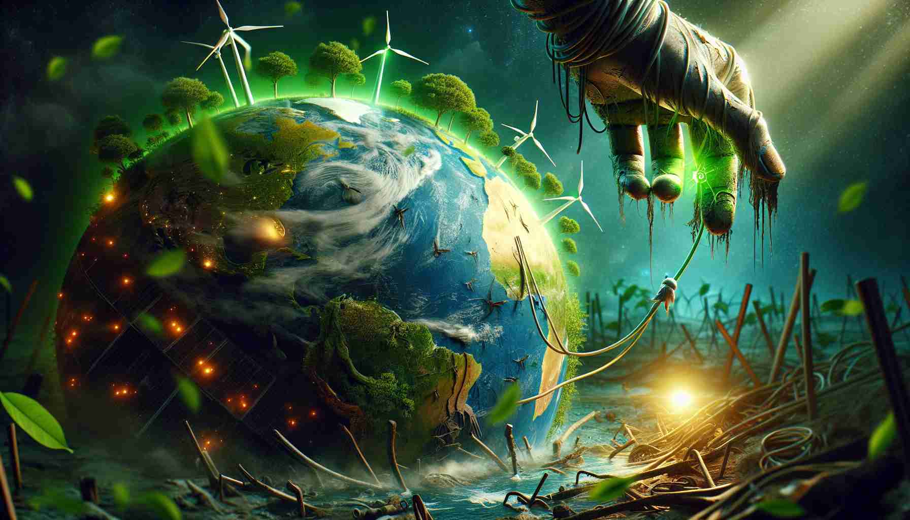 An image highlighting the importance of green energy for our planet. The scene includes a globe in desperate condition, with traces of pollution and signs of environmental damage. In contrast, a lifeline extends from a source of green energy, such as a wind turbine or a solar panel, bringing a sense of hope and repair to the damaged globe. The image conveys a narrative of green energy being a potential savior for our ailing planet. It is depicted in a realistic and high-definition style.