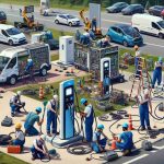 High-resolution, realistic image of multiple efforts being taken to improve and enhance the network for charging electric vehicles. This could include scenes of workers installing new charging stations in varied locations ranging from rural settings to urban cityscapes, or implementing advanced technology, like high-speed charging points. The image could show a diverse group of technicians, both male and female, from various descents such as Caucasian, Hispanic, Black, Middle-Eastern, South Asian working on the update, in addition to some electric vehicles waiting to be charged.