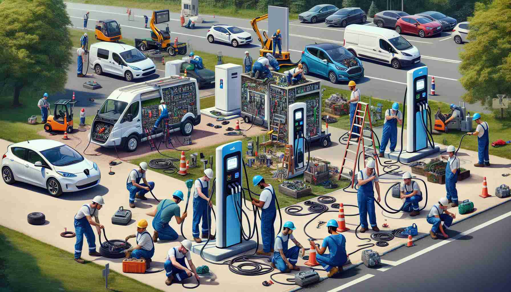 High-resolution, realistic image of multiple efforts being taken to improve and enhance the network for charging electric vehicles. This could include scenes of workers installing new charging stations in varied locations ranging from rural settings to urban cityscapes, or implementing advanced technology, like high-speed charging points. The image could show a diverse group of technicians, both male and female, from various descents such as Caucasian, Hispanic, Black, Middle-Eastern, South Asian working on the update, in addition to some electric vehicles waiting to be charged.