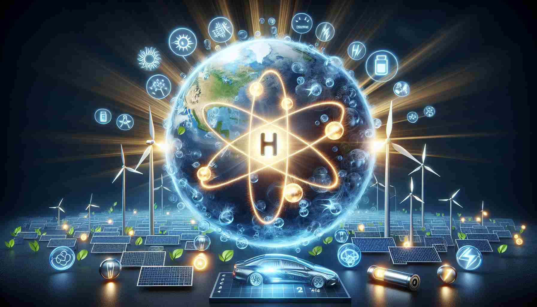 An HD, realistic rendering visualizing the concept of hydrogen energy being a supreme renewable solution. The image might show a hydrogen atom symbol in the center with rays of energy emanating from it, charging an array of eco-friendly items such as windmills, solar panels and electric cars. The surroundings of the concept will include the earth expressing the global benefit and a renewable energy meter showing full capacity, reinforcing the idea of hydrogen energy as a major renewable energy resource.