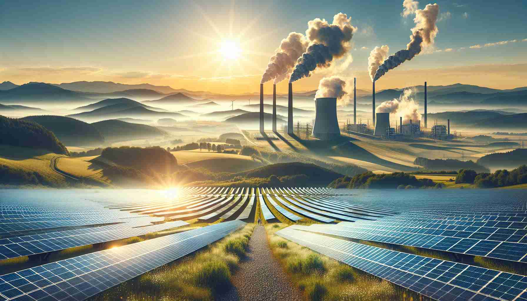 A high-definition and realistic image representing the concept that solar power could be the answer to our energy needs. Imagine a solar farm stretching out across rolling hills under a clear sky, with arrays of solar panels soaking in sunlight. Include a detailed display of photovoltaic cells on the panels. In contrast, in the distant horizon, visualize a traditional power plant with smoke stacks, emitting plumes of smoke. The transition between the two aspects of power generation should be gradual, emphasising the potential shift from traditional energy sources to more sustainable ones like solar power.