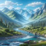 Realistic HD photo of a tranquil mountain landscape during the summer featuring a lush green valley, a sparkling blue river flowing through it, the majestic mountain ranges in the backdrop under a clear bright blue sky.