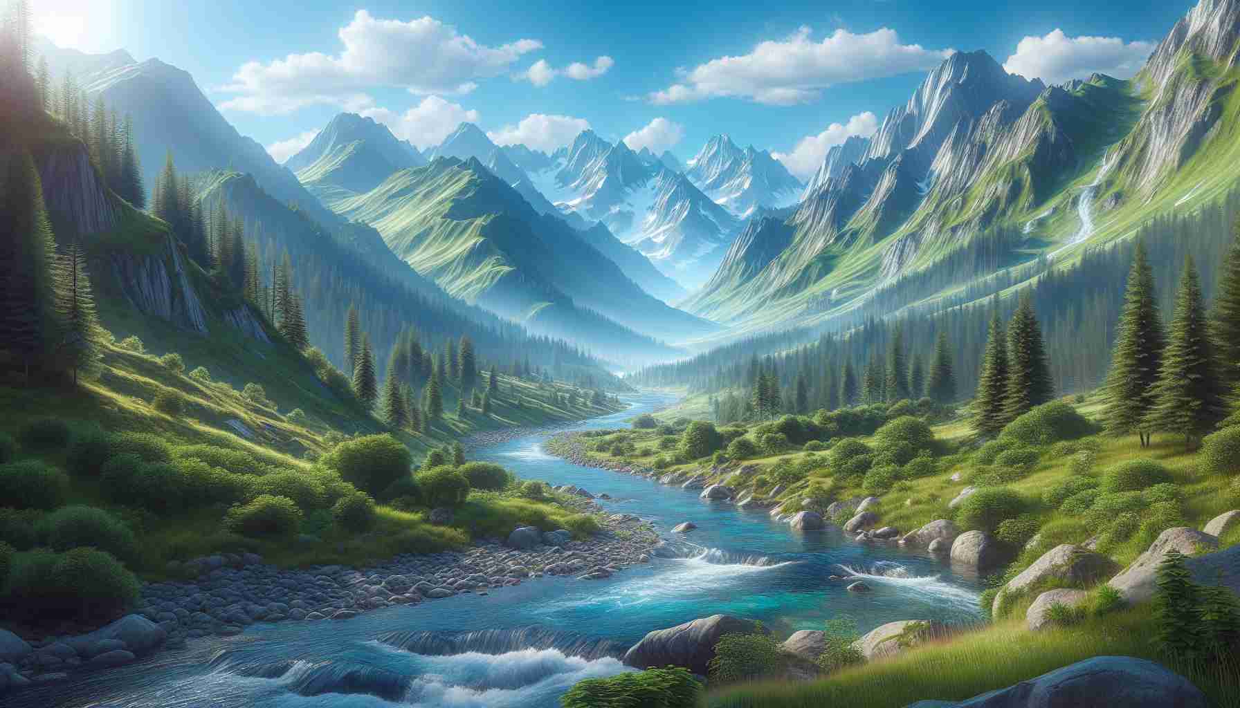 Realistic HD photo of a tranquil mountain landscape during the summer featuring a lush green valley, a sparkling blue river flowing through it, the majestic mountain ranges in the backdrop under a clear bright blue sky.