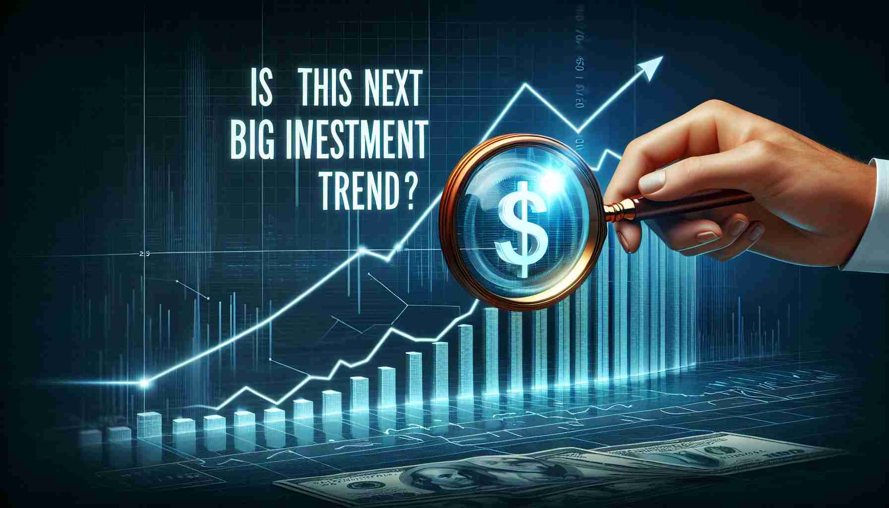 A high-definition, realistic visual representation of the concept: 'Is This the Next Big Investment Trend?' Portray a magnifying glass hovering over a graph showing an upward trend, symbolic of financial growth and investment, with dollar signs to emphasize the investment aspect. The title 'Is This the Next Big Investment Trend?' should appear boldly above the scene.