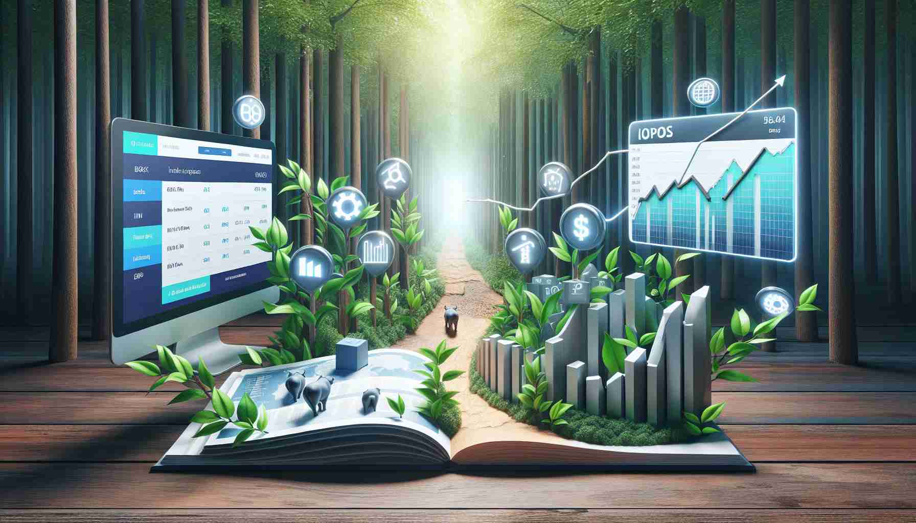 Create a realistic high-definition image presenting the concept of finding a hidden shortcut to seamlessly invest in Initial Public Offerings (IPOs) using online banking. Imagine components such as a web page opened to an online banking platform, a chart or graph showing the surge of investments in IPOs, and a hidden pathway through a forest to visualize the shortcut concept.