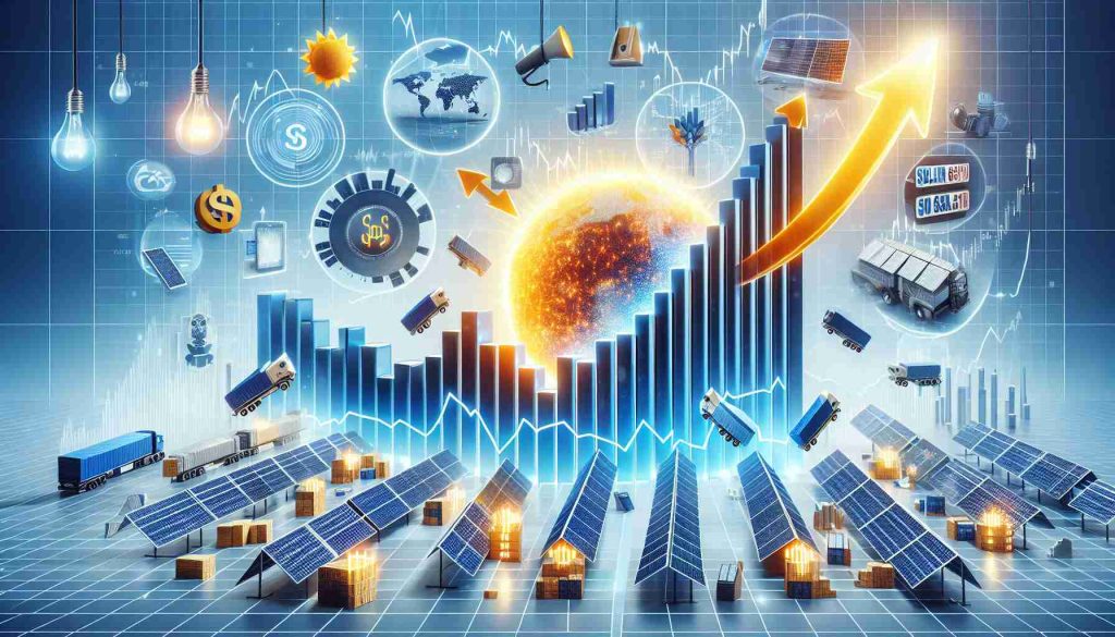 Create a realistic HD image that represents the concept of 'surging stock prices' with a focus on a 'solar power giant'. Include elements such as growing bar graphs, ascending arrows, charts, graphs and stock market signs. The solar power theme could be illustrated with images of the sun, solar panels, and other solar energy infrastructure. Please do not depict specific companies or branded elements.