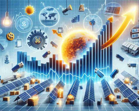 Create a realistic HD image that represents the concept of 'surging stock prices' with a focus on a 'solar power giant'. Include elements such as growing bar graphs, ascending arrows, charts, graphs and stock market signs. The solar power theme could be illustrated with images of the sun, solar panels, and other solar energy infrastructure. Please do not depict specific companies or branded elements.