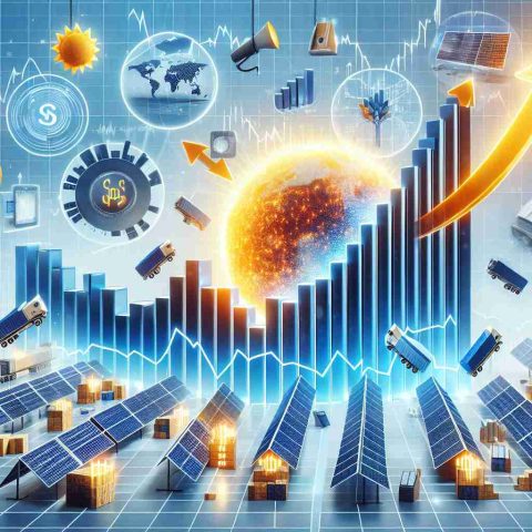 Create a realistic HD image that represents the concept of 'surging stock prices' with a focus on a 'solar power giant'. Include elements such as growing bar graphs, ascending arrows, charts, graphs and stock market signs. The solar power theme could be illustrated with images of the sun, solar panels, and other solar energy infrastructure. Please do not depict specific companies or branded elements.