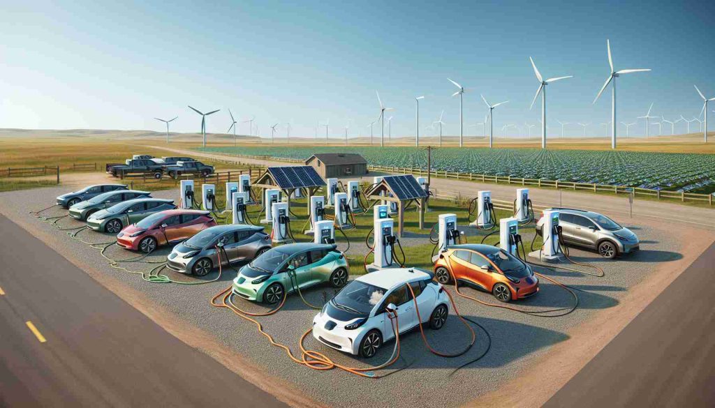 Create a realistic, high-definition image that depicts the expansion of electric vehicle infrastructure in North Dakota. Show a network of electric vehicle charging stations spread across vast plains and farmlands, with wind turbines in the background. Include details such as solar panels and green energy sources. A few electric cars, of varying colors and models, are plugged into charging ports. The sky should be clear, signifying a sunny afternoon.