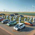 Create a realistic, high-definition image that depicts the expansion of electric vehicle infrastructure in North Dakota. Show a network of electric vehicle charging stations spread across vast plains and farmlands, with wind turbines in the background. Include details such as solar panels and green energy sources. A few electric cars, of varying colors and models, are plugged into charging ports. The sky should be clear, signifying a sunny afternoon.