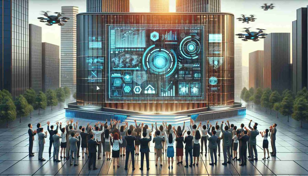 Generate a realistic high-definition image portraying an exciting announcement regarding the future plans of an innovative tech company. The scene should reflect a positive atmosphere with prominently visible elements such as a futuristic building representing the company's headquarters, employees of diverse gender and ethnicities expressing joy and enthusiasm, and a bold, digital display showcasing fragments of the plan. Hints of advanced technology, such as drones, holographic displays or autonomous vehicles, can be included to underline the company's cutting-edge nature.